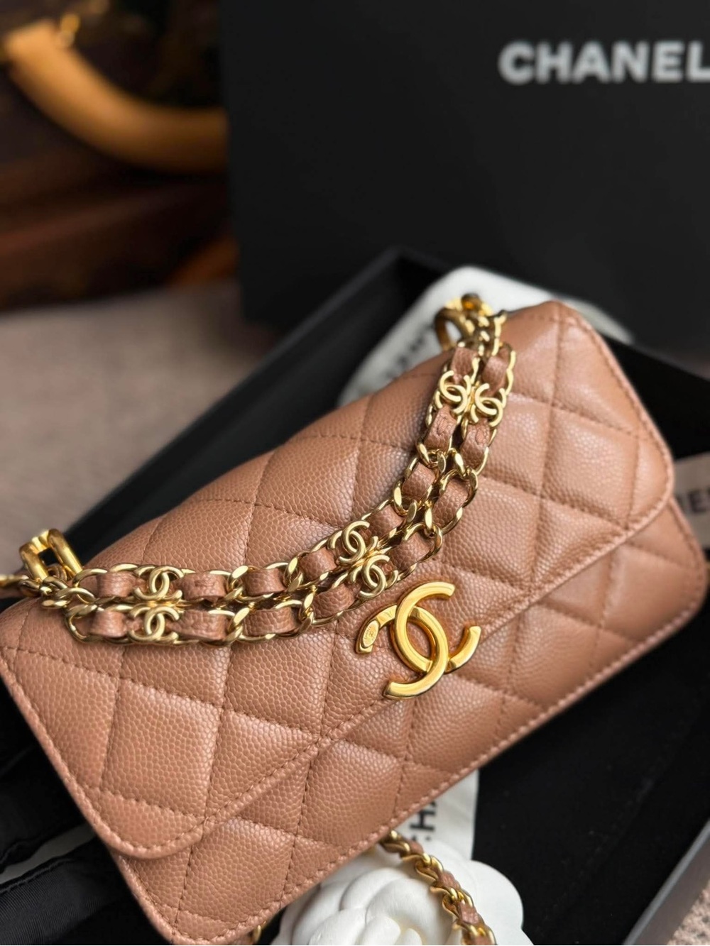 Chanel Coco First Phone Holder Dark Beige Caviar Gold Hardware 22K - Picture 4 of 12